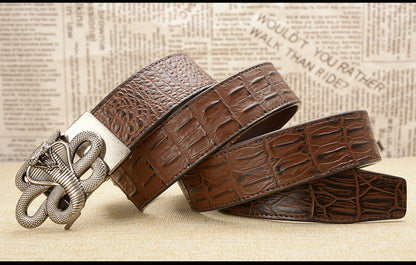 Gold - Black / 105 cm Designer Automatic Leather Belt for Men - Cobra Buckle - skyjackerz