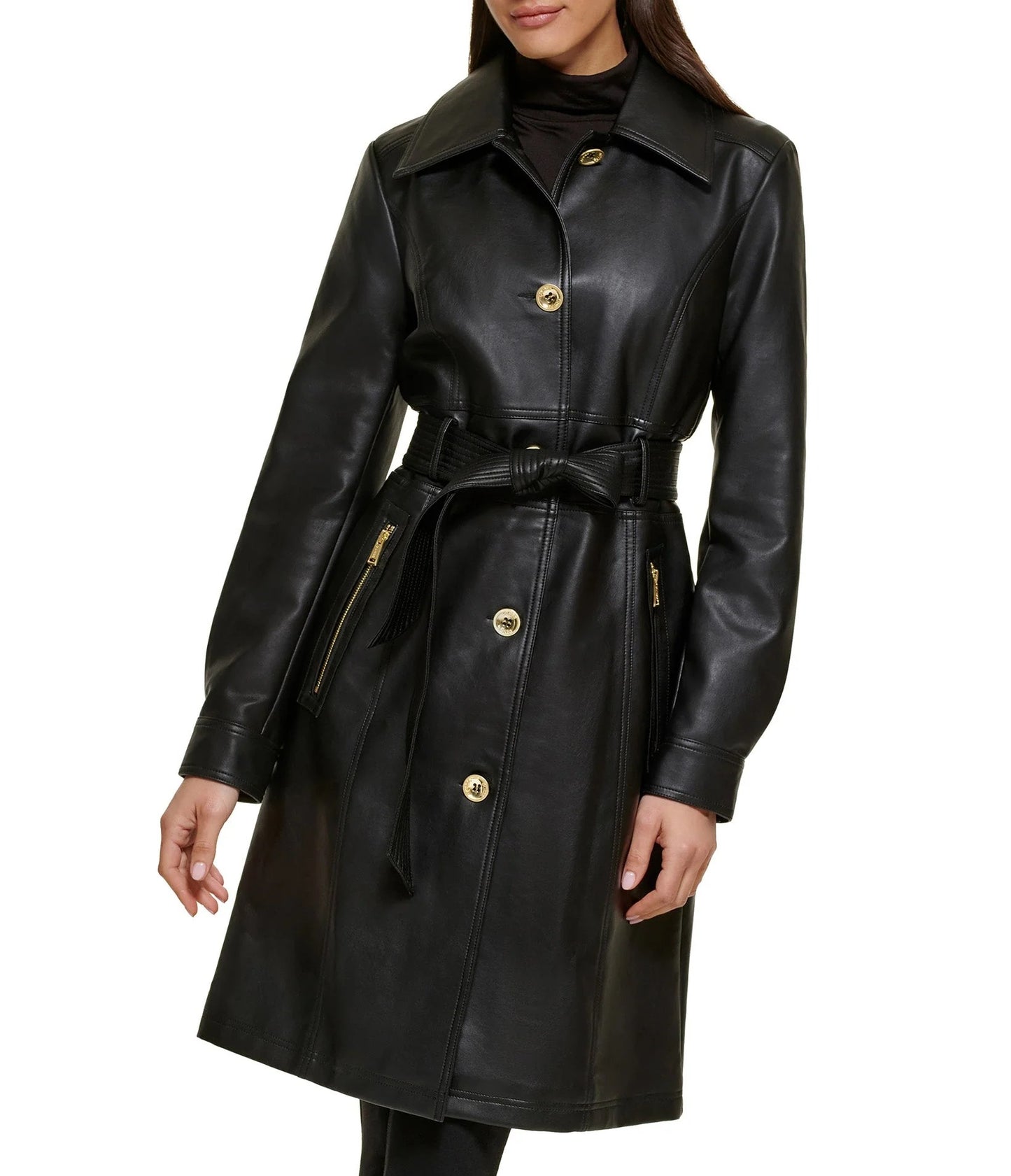 Women's Black Leather Belted Trench Coat