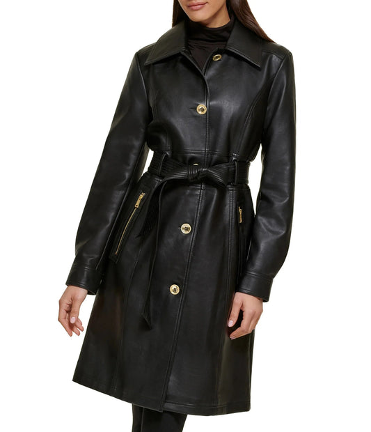 Small Women's Black Leather Belted Trench Coat - skyjackerz