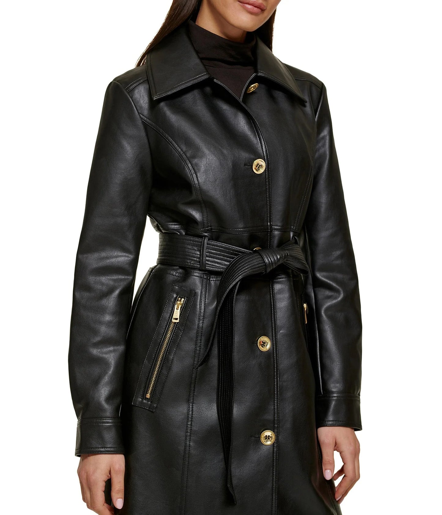 Women's Black Leather Belted Trench Coat