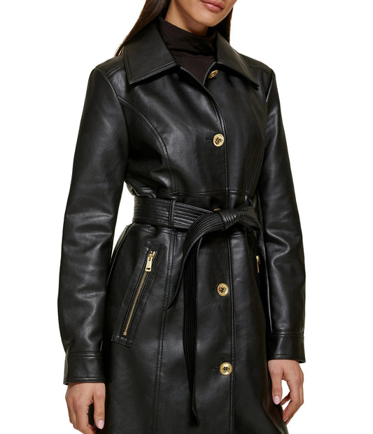 Small Women's Black Leather Belted Trench Coat - skyjackerz