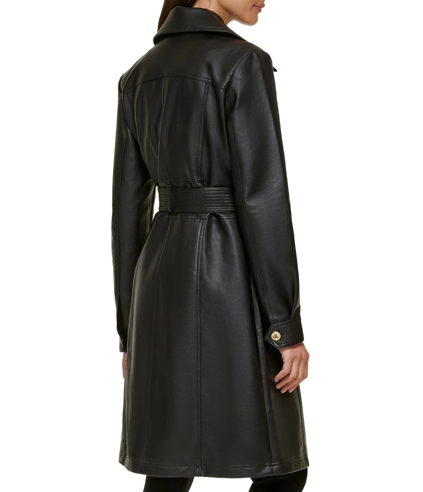 Women's Black Leather Belted Trench Coat