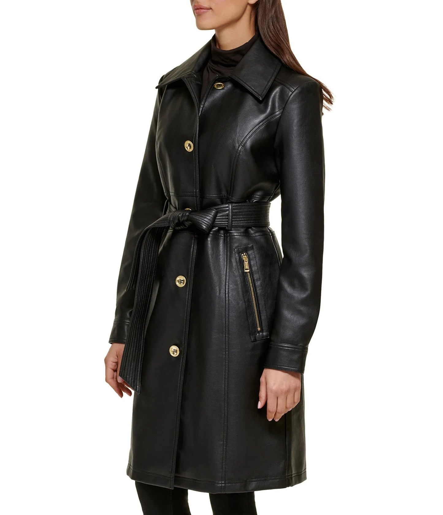 Women's Black Leather Belted Trench Coat