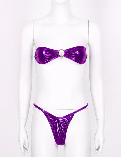 Purple Women's Shiny Leather Bikini Set - skyjackerz
