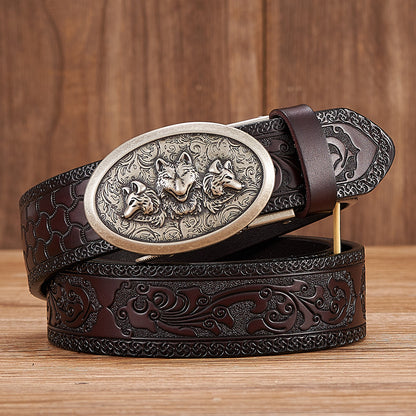 Gold - Black / 100 cm Automatic Embossed Leather Belt for Men - Wolf Design - skyjackerz