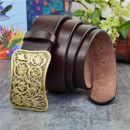 Coffee / 95 cm Luxury Carved Leather Belt for Men - Floral Design - skyjackerz