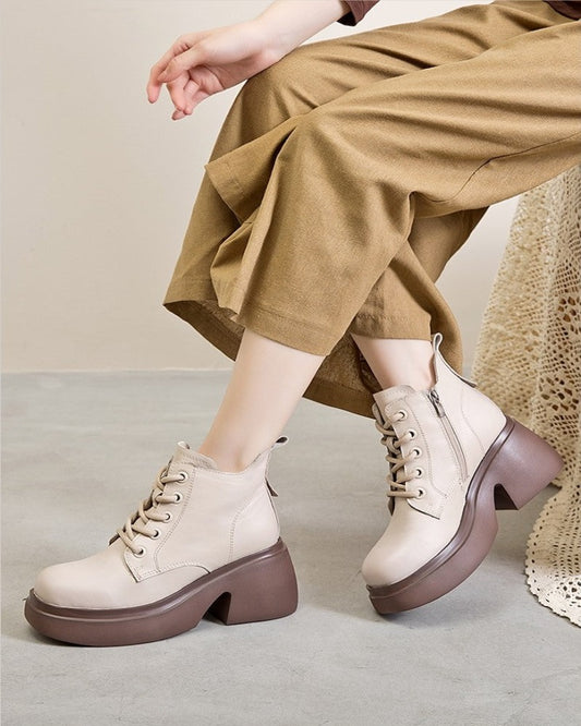 Beige / 5 Women's Thick High-Heel Ankle Boots - skyjackerz