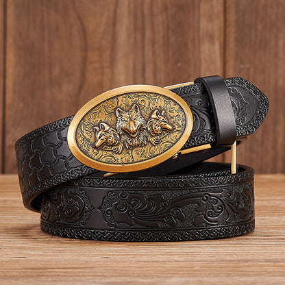 Gold - Black / 100 cm Automatic Embossed Leather Belt for Men - Wolf Design - skyjackerz