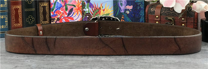 Brown / 95 cm Men's Retro Snake Buckle Thick Leather Belt - skyjackerz