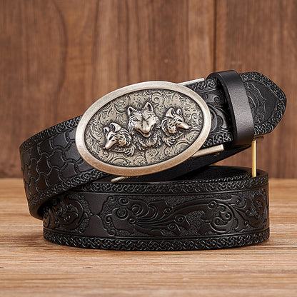 Gold - Black / 100 cm Automatic Embossed Leather Belt for Men - Wolf Design - skyjackerz
