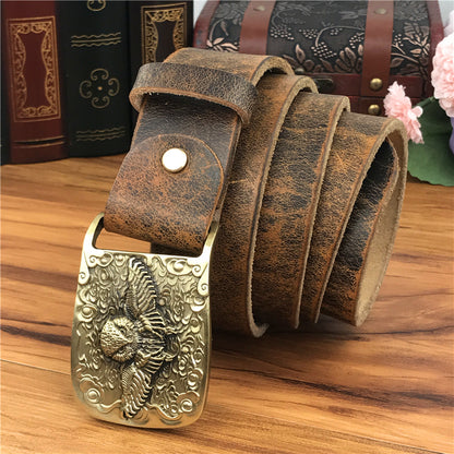 Yellow Brown / 105 cm Brass Owl Vintage Leather Belt For Men - skyjackerz
