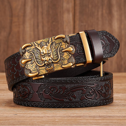 Gold - Black / 100 cm Men's Automatic Embossed Leather Belt - Dragon Design - skyjackerz