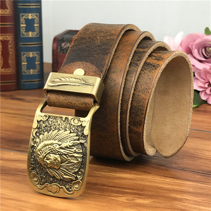 Yellow Brown / 100 cm Brass Chief Cowboy Leather Belt For Men - skyjackerz