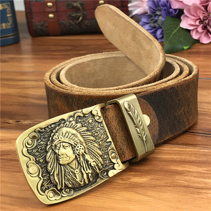 Yellow Brown / 95 cm Men's Cowboy Leather Belt with Brass Chief Buckle - skyjackerz