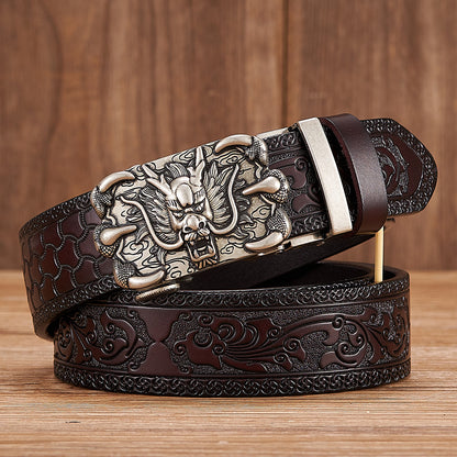 Gold - Black / 100 cm Men's Automatic Embossed Leather Belt - Dragon Design - skyjackerz