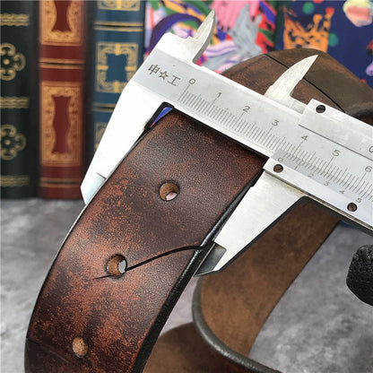 Brown / 95 cm Men's Retro Snake Buckle Thick Leather Belt - skyjackerz