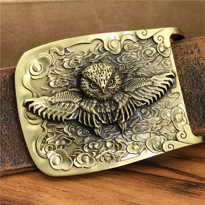 Yellow Brown / 105 cm Vintage Leather Belt for Men with Brass Owl Buckle - skyjackerz