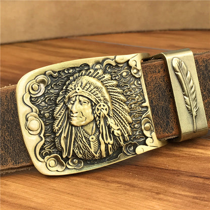 Yellow Brown / 95 cm Men's Cowboy Leather Belt with Brass Chief Buckle - skyjackerz