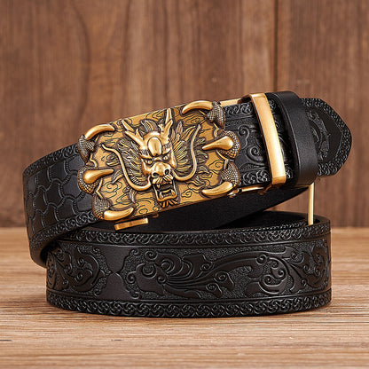 Gold - Black / 100 cm Men's Automatic Embossed Leather Belt - Dragon Design - skyjackerz