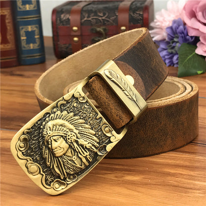 Yellow Brown / 95 cm Men's Cowboy Leather Belt with Brass Chief Buckle - skyjackerz