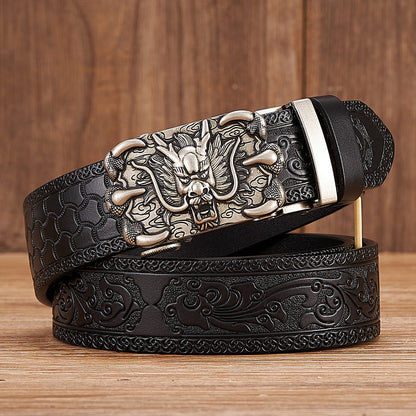 Gold - Black / 100 cm Men's Automatic Embossed Leather Belt - Dragon Design - skyjackerz