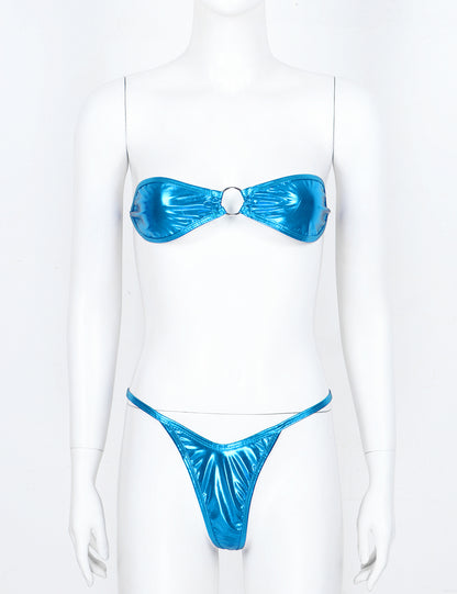 Light Blue Women's Shiny Leather Bikini Set - skyjackerz