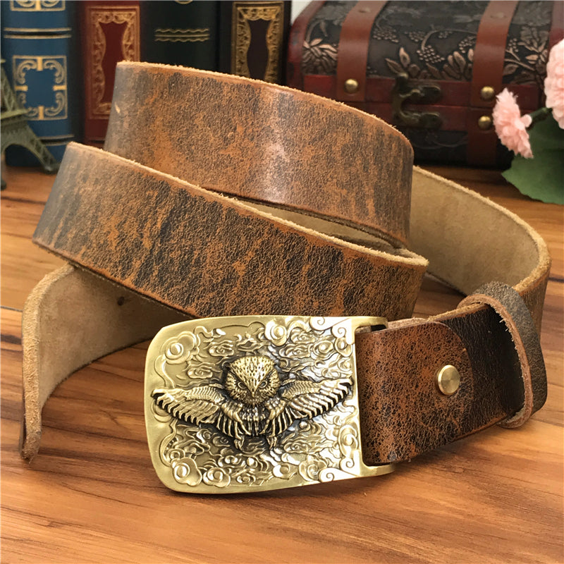 Brass Owl Vintage Leather Belt For Men - skyjackerz