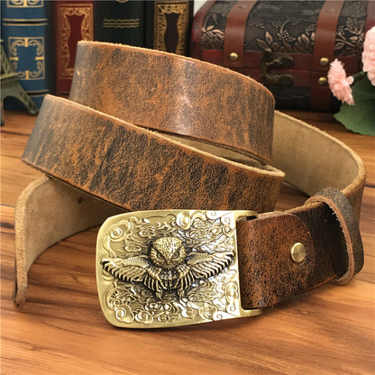 Yellow Brown / 105 cm Vintage Leather Belt for Men with Brass Owl Buckle - skyjackerz