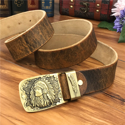 Yellow Brown / 95 cm Men's Cowboy Leather Belt with Brass Chief Buckle - skyjackerz