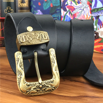 Black / 95 cm Men's Brass Buckle Leather Belt - Chinese Dragon Design - skyjackerz