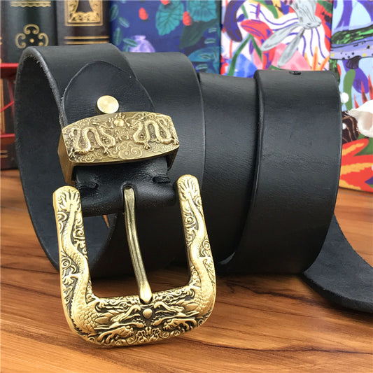 Chinese Dragon Brass Buckle Leather Belt For Men - skyjackerz