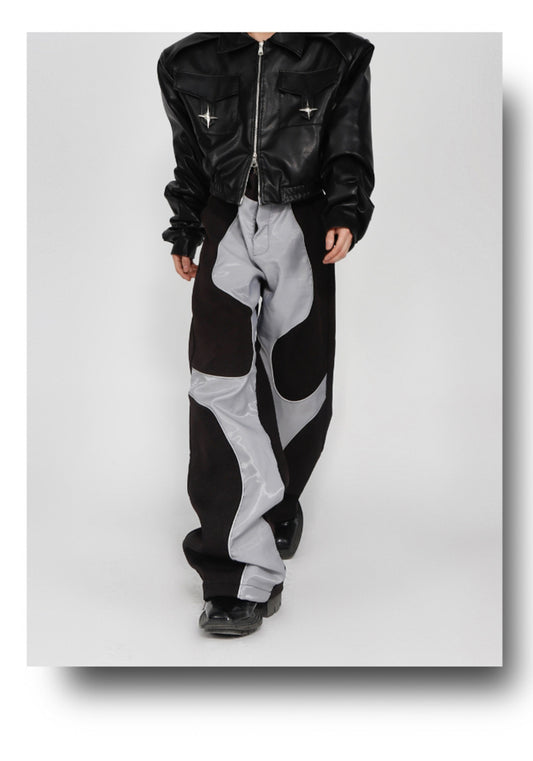 Black / S Men's Loose Fit Patchwork Leather Pants - skyjackerz