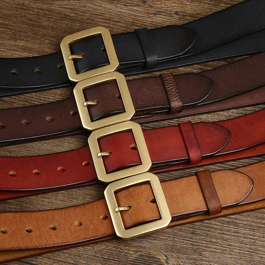 Khaki / 100 cm Men's Retro Thick Square Buckle Leather Belt - skyjackerz