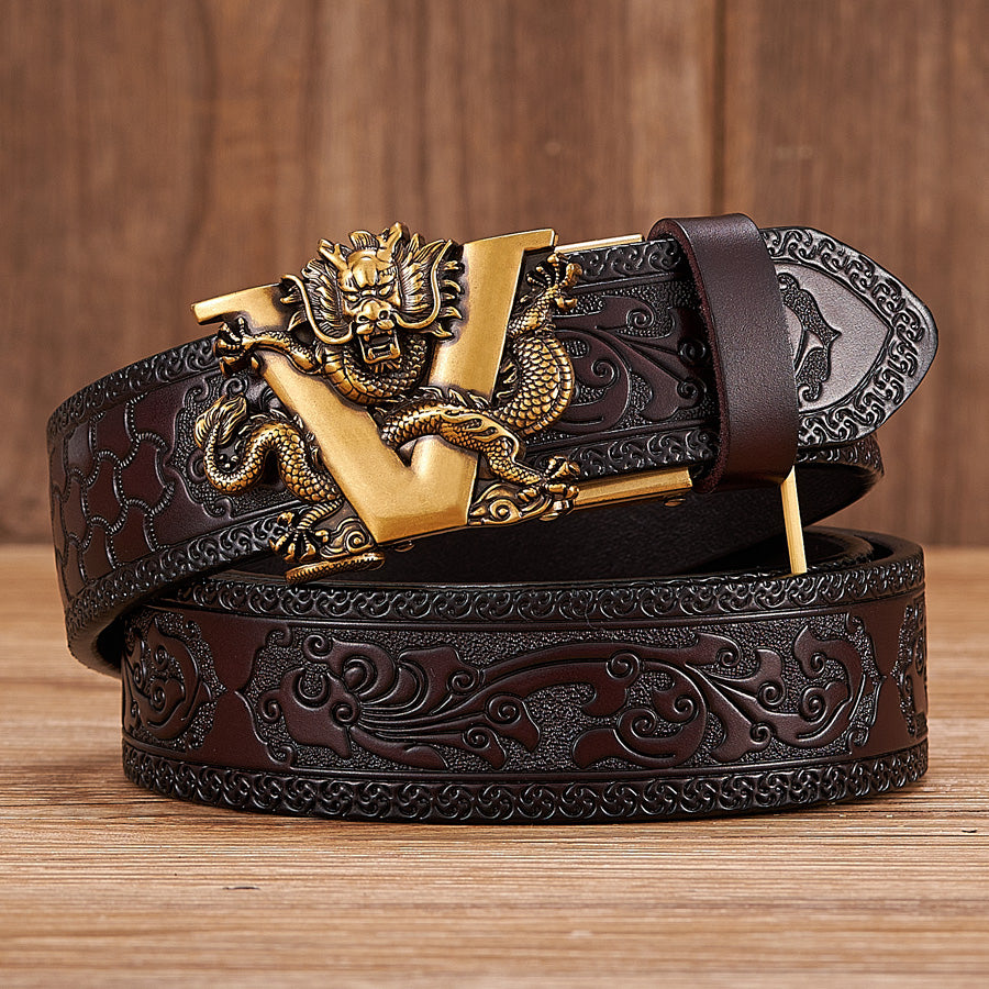 Golden V Black / 100 cm Men's Dragon Alloy Automatic Leather Belt - skyjackerz