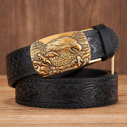 Gold - Black / 100 cm Men's Automatic Leather Belt with Eagle Alloy Buckle - skyjackerz