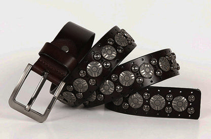 Black / 105 cm Men's Metal Rivet Cowboy Leather Belt - skyjackerz
