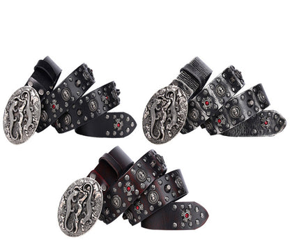 Black / 105 cm Men's Retro Designer Leather Belt with Rivets - skyjackerz