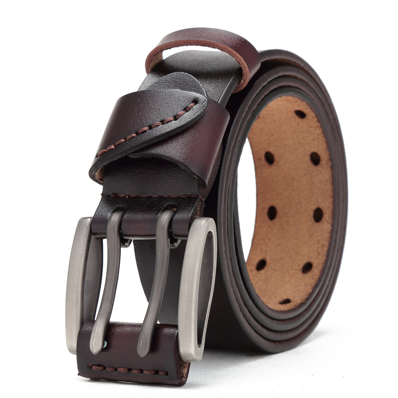 Coffee / 110 cm Men's Vintage Double Pin Buckle Leather Belt - skyjackerz