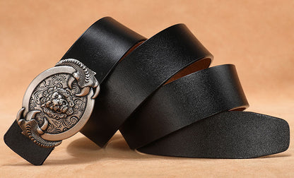 Gold - Black / 110 cm Exotic Lion Totem Alloy Buckle Leather Belt for Men - skyjackerz