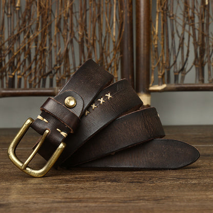 Brown / 105 cm Men's Stylish Brass Buckle Leather Waistband - skyjackerz
