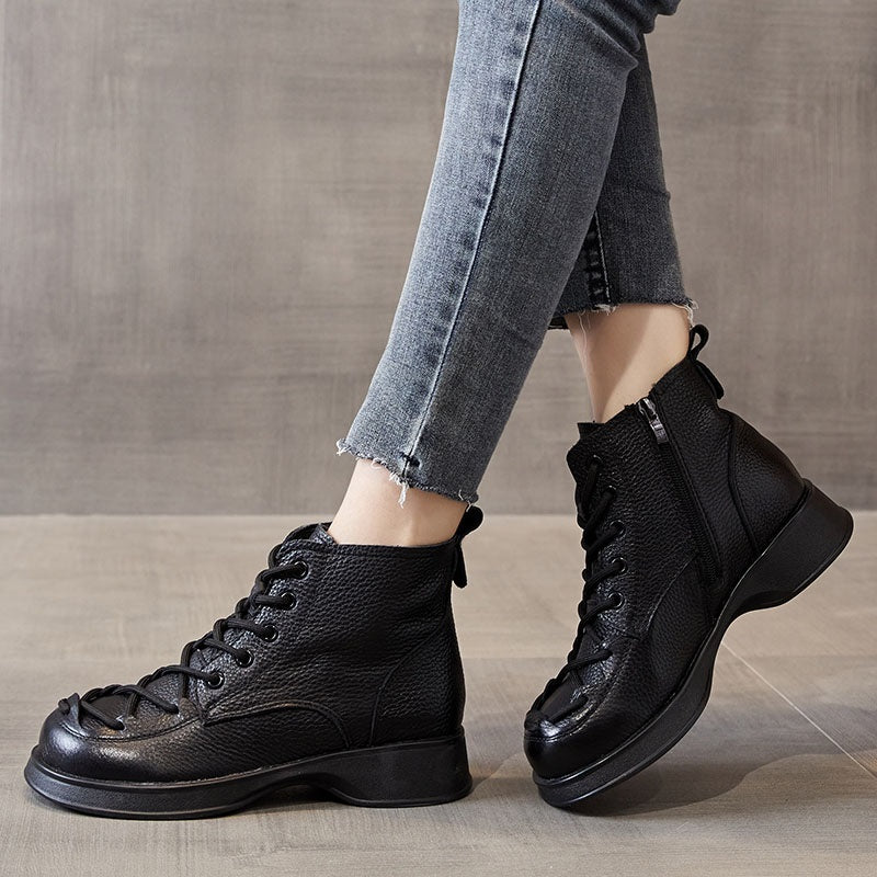 Black / 5 Women's Cross Lace-Up Leather Boots - skyjackerz