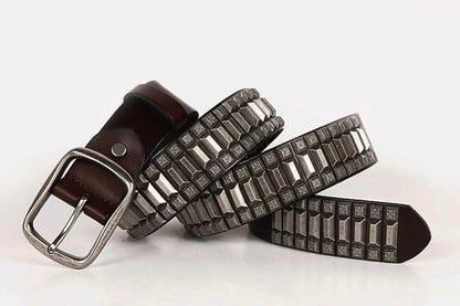 Coffee / 105 cm Men's Heavy Metal Rivet Leather Belt - skyjackerz