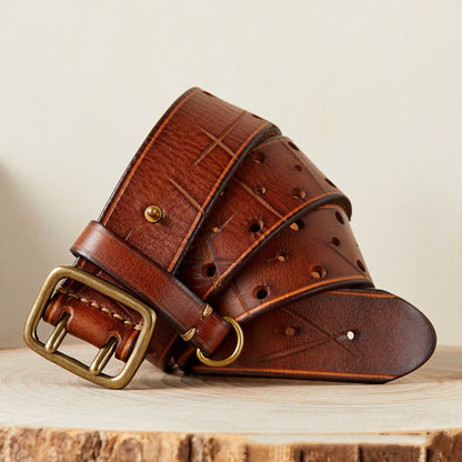 Khaki / 105 cm Men's Designer Double Pin Leather Belt - skyjackerz