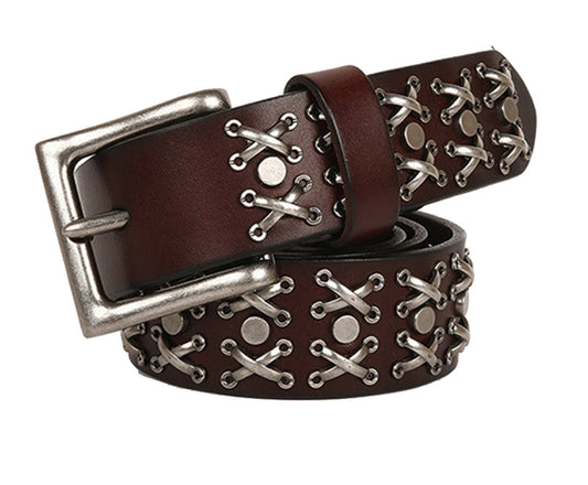 Coffee / 105 cm Men's Designer Punk Leather Belt with Rivets - skyjackerz