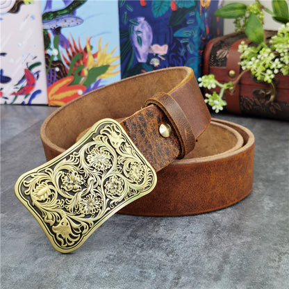 Yellow Brown / 95 cm Luxury Carved Leather Belt for Men - Floral Design - skyjackerz