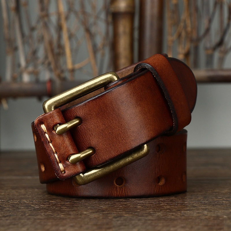 B / 105 cm Men's Retro Double Needle Leather Belt - skyjackerz