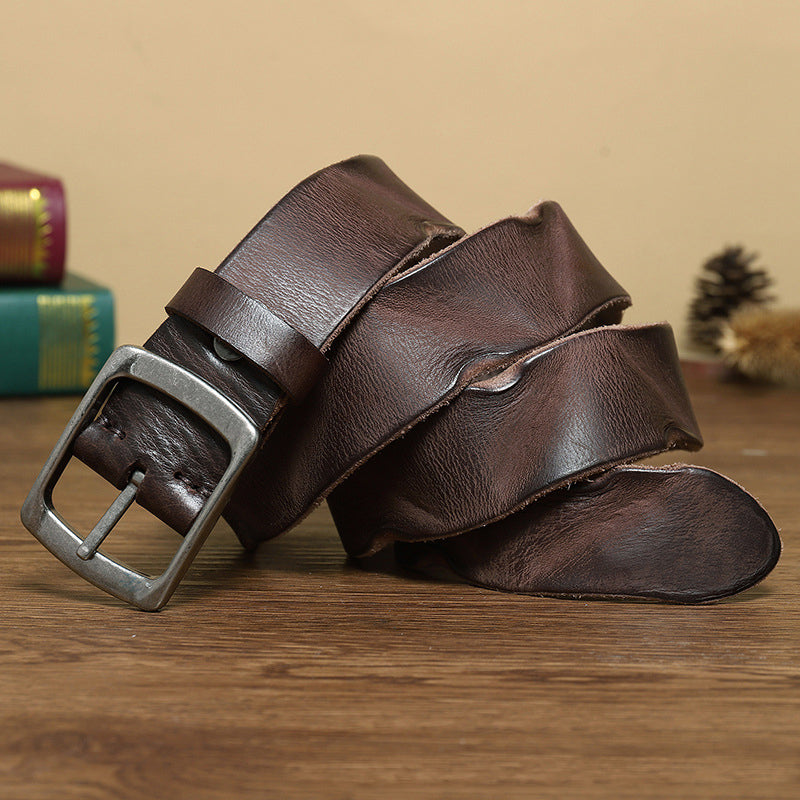 Coffee / 105 cm Old Retro Fold Leather Belt For Men - skyjackerz