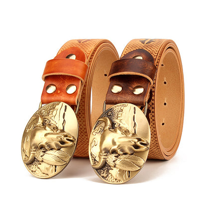 Coffee / 105 cm Ethnic Style Men's Leather Belt for Jeans - skyjackerz
