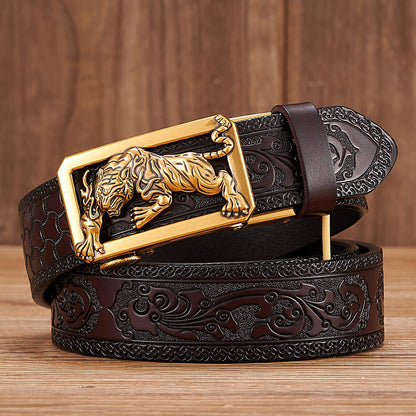 Gold - Coffee / 100 cm Tiger Design Automatic Embossed Leather Belt for Men - skyjackerz