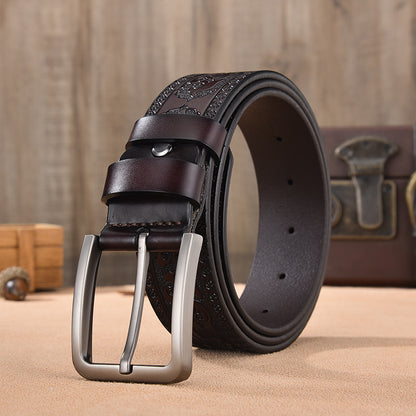 Dark Brown / 95 cm Men's Vintage Embossed Leather Belt - skyjackerz